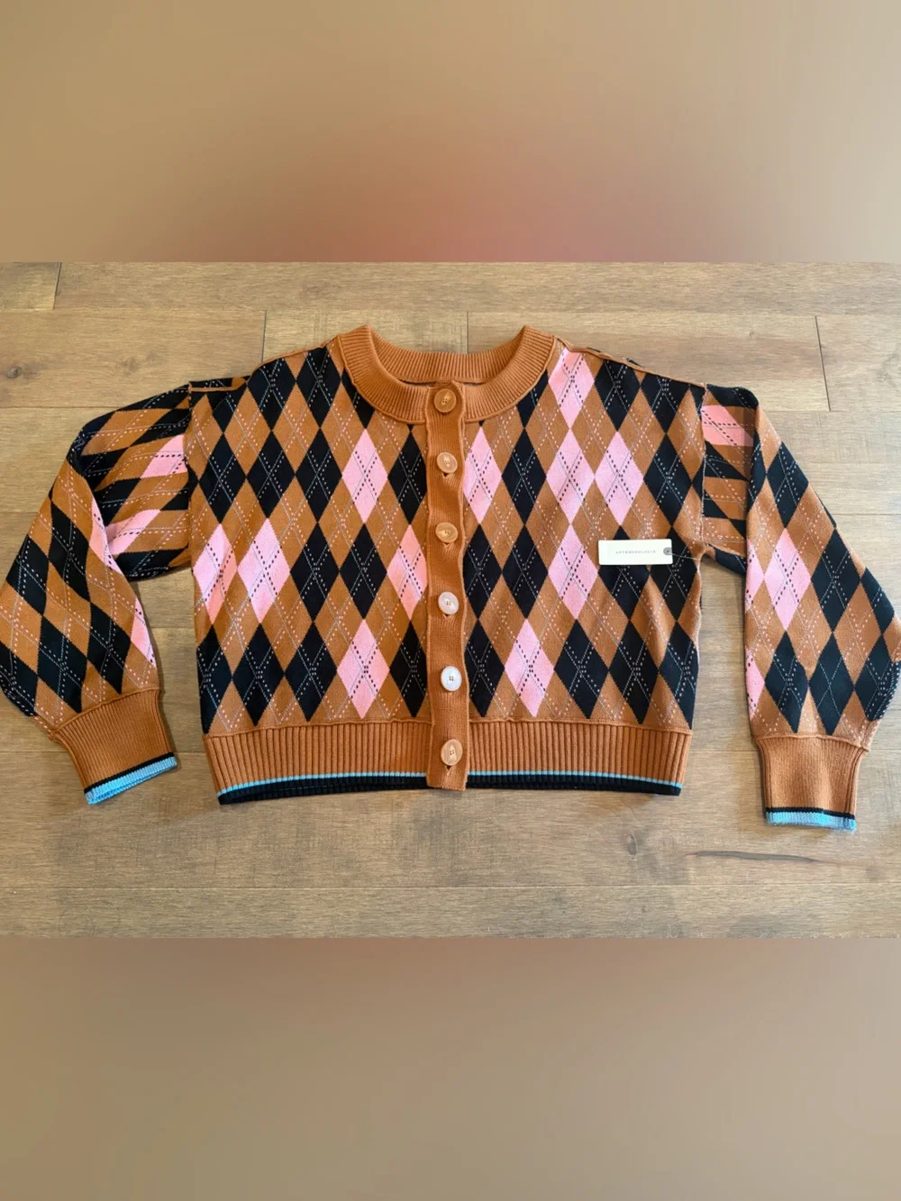 Maeve Brown Black Pink Argyle Cardigan Sweater
